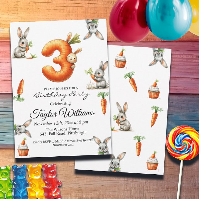 Convite Aniversário de 3 anos de Bunnies e Carrots (Criador carregado)