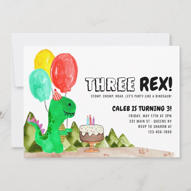 Convite Aniversário de 3 anos de Dinossauro Bolo Rex Bolo  (Frente)