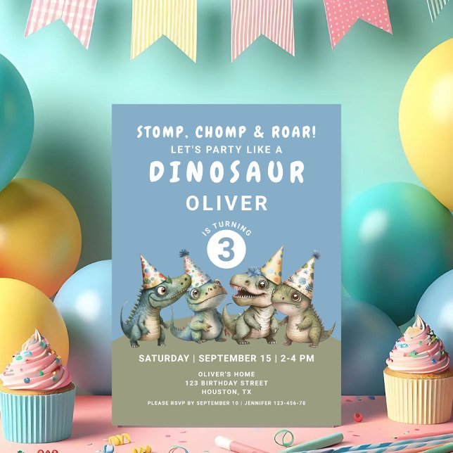 Convite Aniversário de 3 anos de estômago, chomp e dinossa (Cute Stomp, Chomp & Roar Dinosaur 3rd Birthday Invitation)