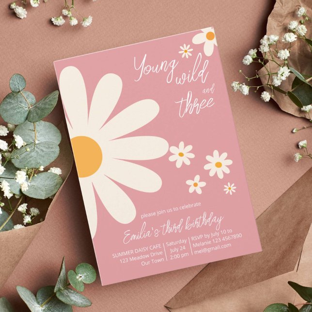 Convite Aniversário de 3 anos de margarida do deserto retr (Criador carregado)