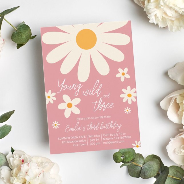 Convite Aniversário de 3 anos de margarida do deserto retr (Criador carregado)