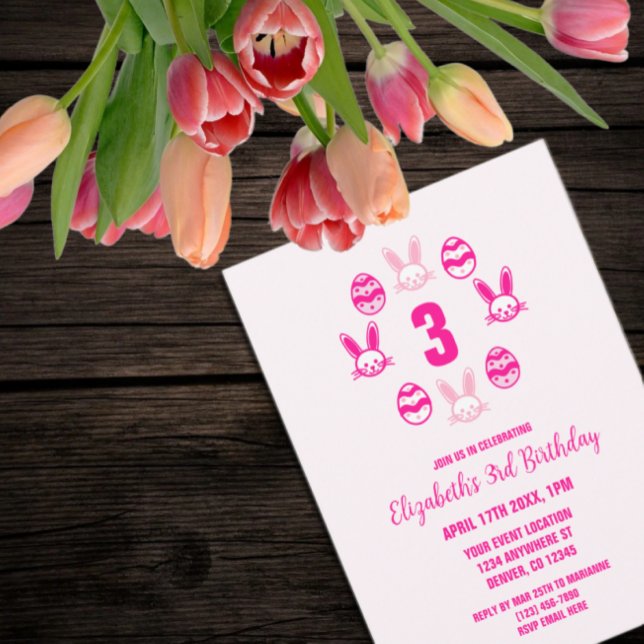 Convite Aniversário de 3 anos de Páscoa rosa (Criador carregado)