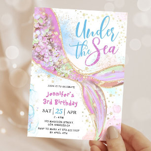 Convite Aniversário de 3 anos de Sereia Rosa Sob O Mar