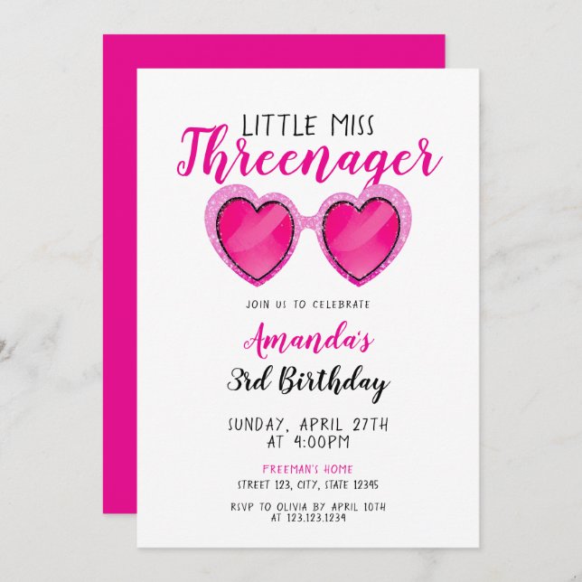 Convite Aniversário de 3 anos de Threenager Rosa-Brilhante (Frente/Verso)
