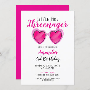 Convite Aniversário de 3 anos de Threenager Rosa-Brilhante