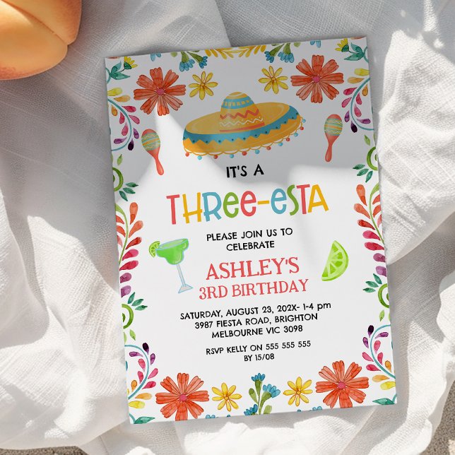 Convite Aniversário de 3 anos de Threesta Floral Multicolo (Colorful Threeesta 3rd Birthday Invitation, Fiesta 3rd Birthday Invitation Girl, Three-esta Party)
