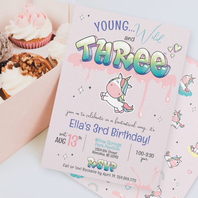 Convite Aniversário de 3 anos do Jovens Selvagens Três Uni (Young Wild and THREE cute girl kawaii unicorn rainbow pink purple graffiti magic 3rd birthday invite)