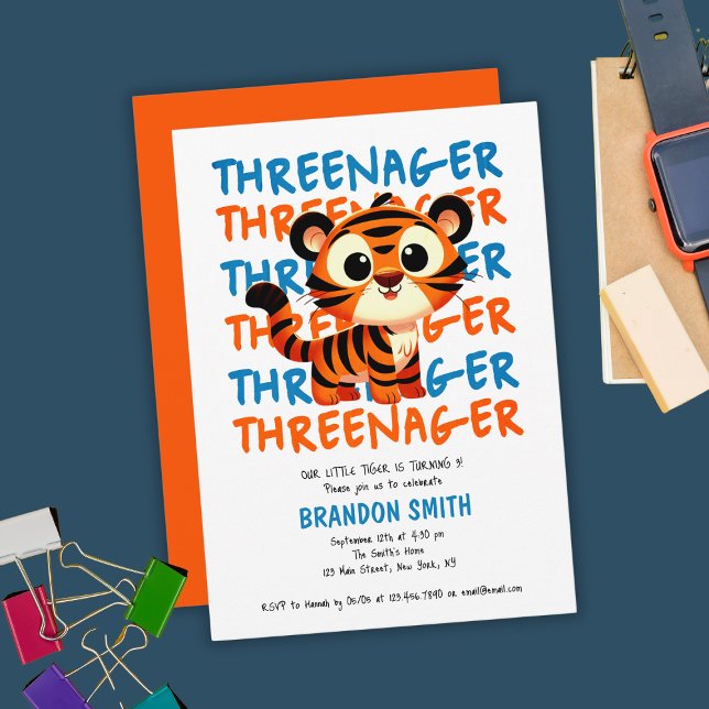 Convite Aniversário de 3 anos do Threenager Tiger Boy (Threenager Tiger Boy 3rd Birthday Party Invitation
)