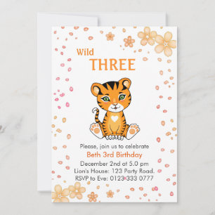 Convite Aniversário de 3 anos do Tigre Selvagem Fofo Flora