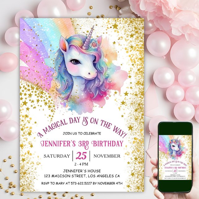 Convite Aniversário de 3 anos do Unicórnio | Arco-íris Bri (
#UnicornBirthdayInvitation #UnicornBirthdayInvitationTemplate #UnicornBirthdayInvitationEditable )