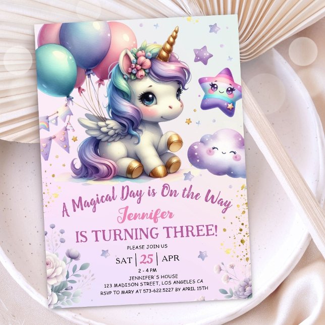 Convite Aniversário de 3 anos do Unicórnio Convidar Rapari (#UnicornBirthdayInvitation #UnicornBirthdayInvitationTemplate #UnicornBirthdayInvitationEditable)
