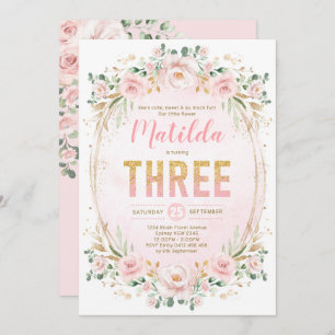 Convite aniversário de 3 anos Dourado Rosa-Rosa, Lâmpada F