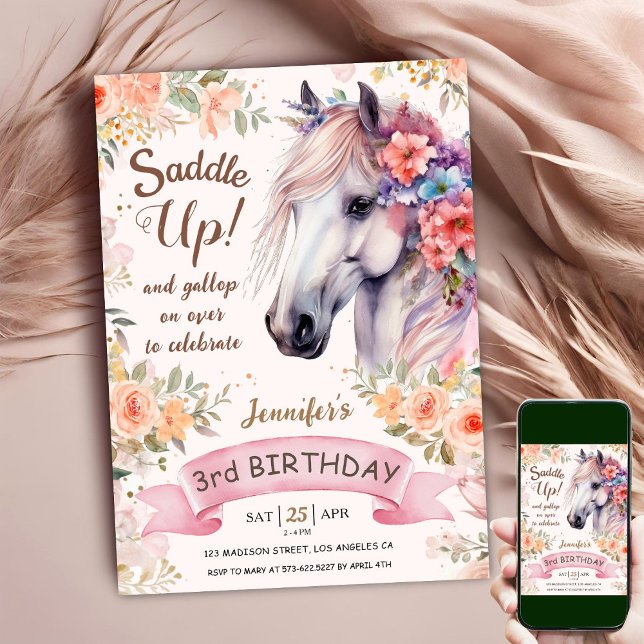 Convite Aniversário de 3 anos Floral de Cavalo Branco Sadd (Criador carregado)