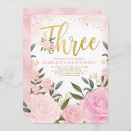 Convite Aniversário de 3 anos Floral Rosa-Cor-de-Água Femi