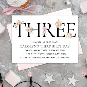 Convite Aniversário de 3 anos Floral TRÊS Simplesmente Ele