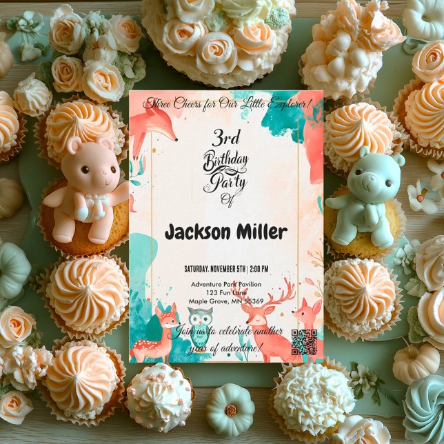 Convite Aniversário de 3 anos Fox, Coruja e Veado (Criador carregado)