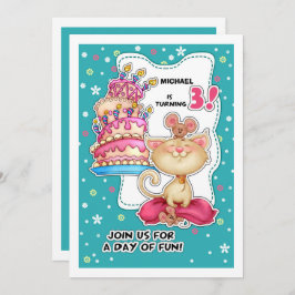 Convite aniversário de 3 anos | Gatinho Divertido e Mouse