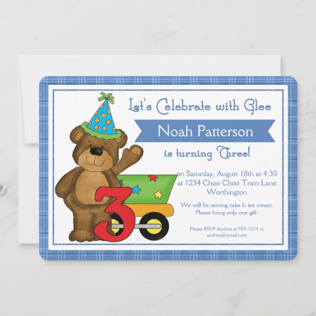 Convite aniversário de 3 anos Invoca o Comboio do Urso de  (Frente)