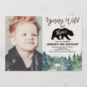 Convite aniversário de 3 anos, jovem selvagem, três fotos 