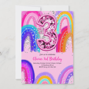 Convite aniversário de 3 anos Rainbow Divertido Glitter