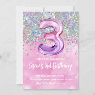 Convite Aniversário de 3 anos Rainbow Foil Girl