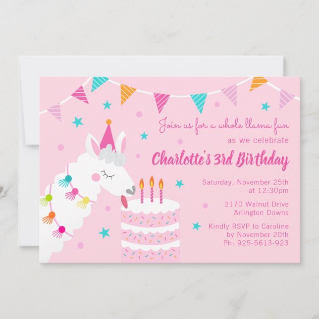 Convite Aniversário de 3 anos Rosa-de-Bolo-do-Lama (Frente)