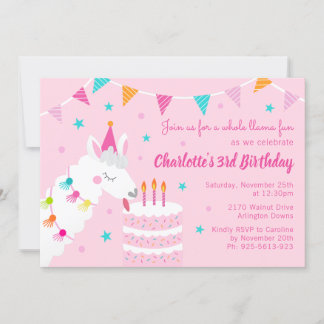 Convite Aniversário de 3 anos Rosa-de-Bolo-do-Lama
