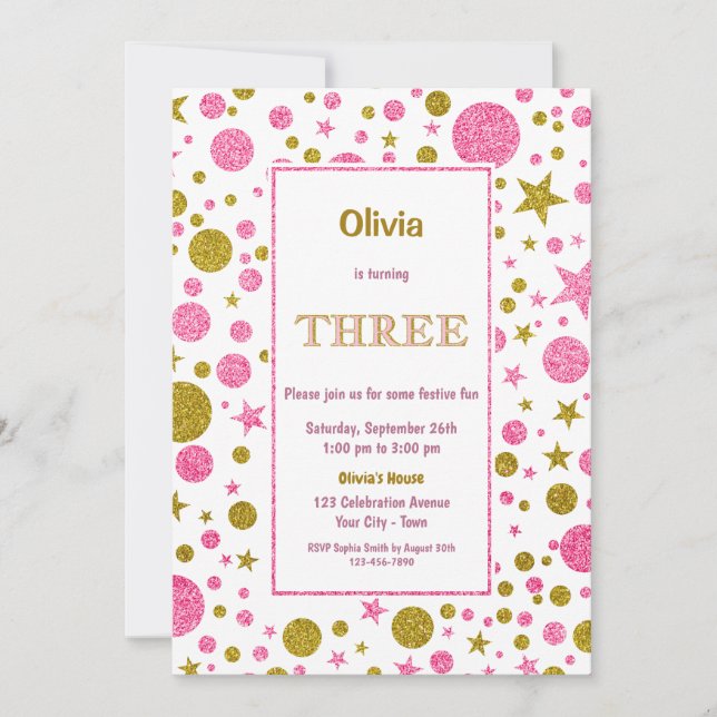 Convite aniversário de 3 anos rosa e brilho Dourado (Frente)