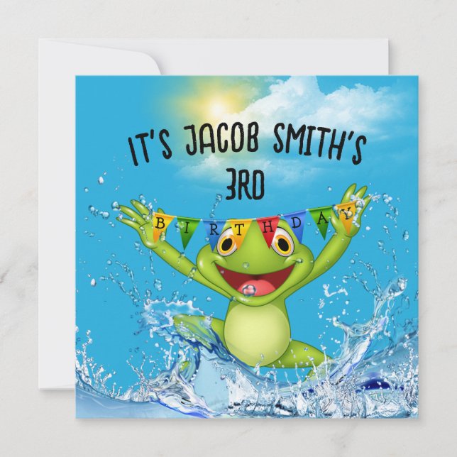Convite aniversário de 3 anos Sapo pulando na água (Frente)