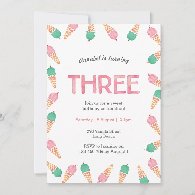 Convite aniversário de 3 anos | SORVETE (Frente)