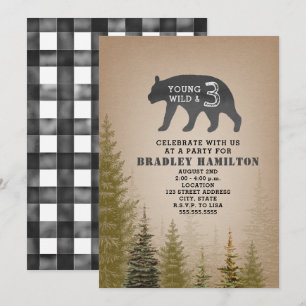 Convite Aniversário de 3 Ursos e Selvagem Jovem de Xadrez