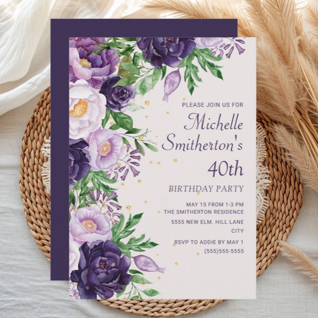 Convite Aniversário de 40 anos (Purple watercolor floral women's 40th birthday party invitation)