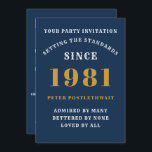 Convite aniversário de 40 anos 1981 Azul Dourado Personali<br><div class="desc">Para aqueles nasceres em 1981 e celebrando a sua festa de aniversário de 40 anos, temos o cartão de convite de aniversário ideal. O fundo azul com design branco e ouro é simples e, no entanto, elegante. Personalize facilmente o texto na frente e na parte traseira deste cartão de convite...</div>