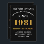 Convite aniversário de 40 anos 1981 Negro Dourado Personal<br><div class="desc">Para aqueles nasceres em 1981 e celebrando a sua festa de aniversário de 40 anos, temos o cartão de convite de aniversário ideal. O fundo preto com design branco e ouro é simples e, no entanto, elegante. Personalize facilmente o texto na frente e na parte traseira deste cartão de convite...</div>