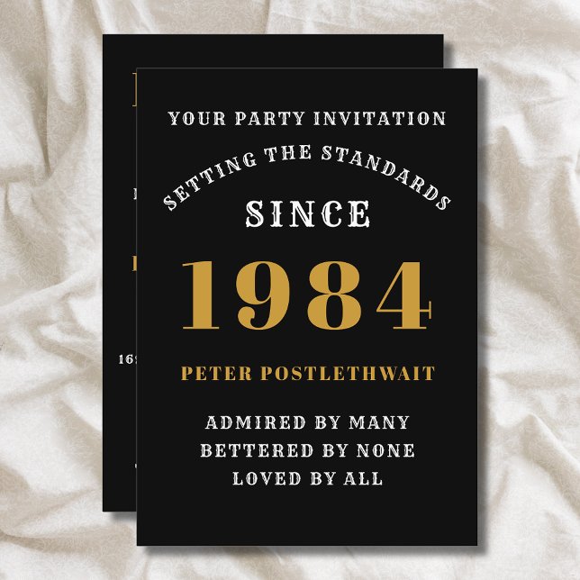 Convite aniversário de 40 anos 1984 Preto Dourado Personal (Elegant Black and Gold 40th Birthday Invitation - Create Your Own Personalized Design)