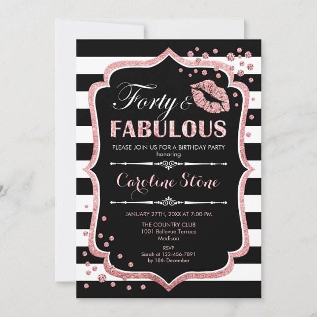 Convite aniversário de 40 anos - 40º Fabuloso Rosa preto D (Frente)