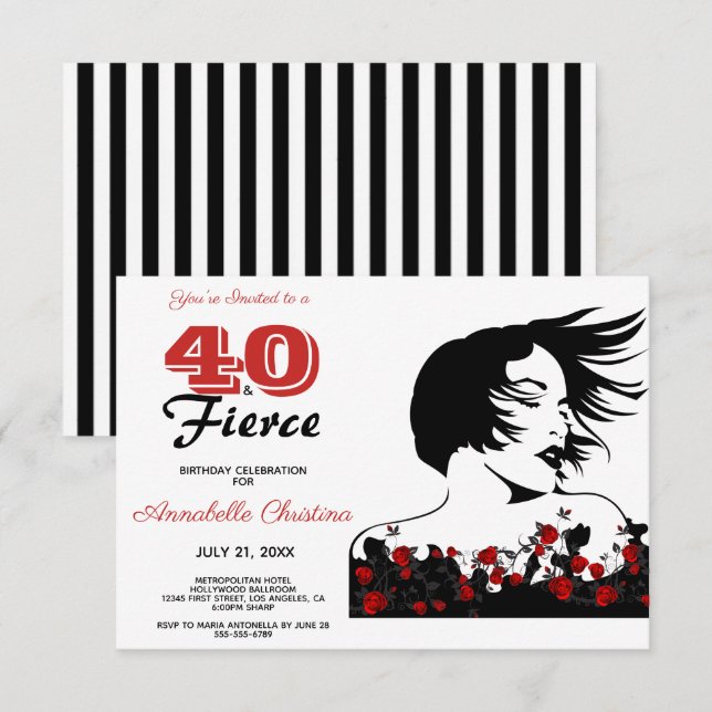 Convite aniversário de 40 anos 40 e FIERCE Modern Black/Wh (Frente/Verso)