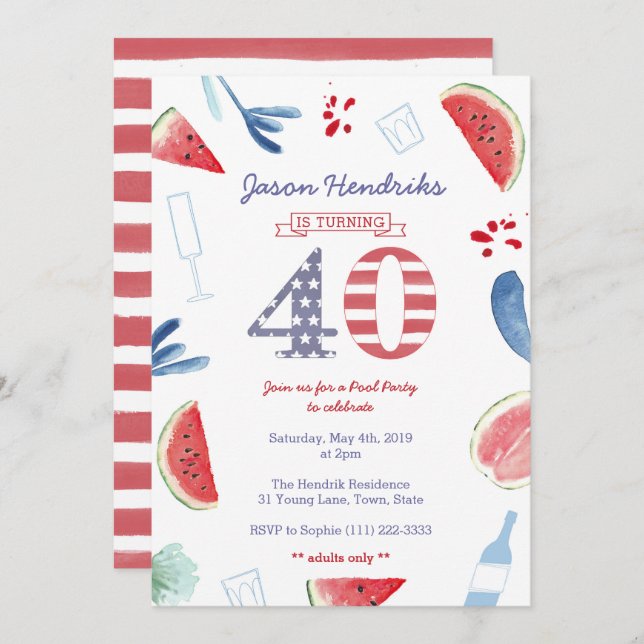 Convite aniversário de 40 anos Adultos Somente Piscina Coo (Frente/Verso)