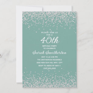 Convite Aniversário de 40 anos Aqua Mint Prata Brilho Diam