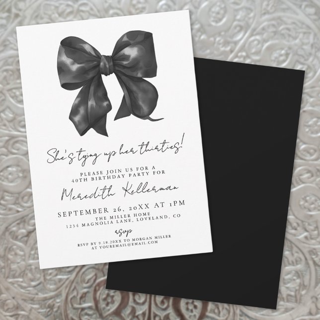Convite Aniversário de 40 anos Arco Preto E Branco (Hand Drawn Black White Bow Bridal Shower Invitation)