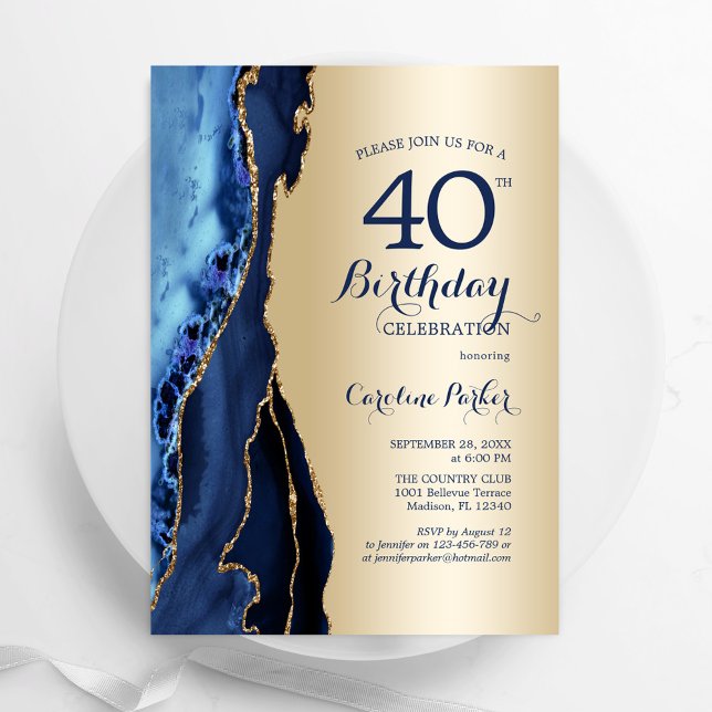 Convite aniversário de 40 anos Azul Agate do Marinho Doura (Criador carregado)