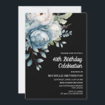 Convite Aniversário de 40 anos azul-branco-negro-negro-fem<br><div class="desc">Linda cor azul e branca da água floral no cartão postal do convite de festas aniversário de 40 anos de mulher negra. O texto é totalmente personalizável, de modo que este cartão pode ser projetado para qualquer idade. Entre em contato comigo para obter assistência com a personalização ou para solicitar...</div>
