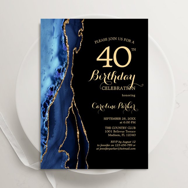 Convite aniversário de 40 anos Azul E Agate Dourado (Criador carregado)