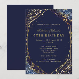 Convite Aniversário de 40 anos Azul Marinho Formal