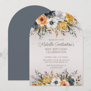 Convite Aniversário de 40 anos Azul Naval Amarelo Floral L