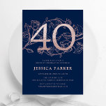 Convite Aniversário de 40 anos azul-Rosa-Elegante<br><div class="desc">Convite de festas rosa ouro marinho azul Elegante aniversário de 40 anos. Design feminina moderna personalizável, com sotaques botânicos rosas e ouro falso-brilhante-rosa. Simples cartão de convite floral perfeito para uma comemoração de um na moda. Personalize com seus próprios detalhes. Impressos convites Zazzle ou modelo de impressão digital instantânea para...</div>