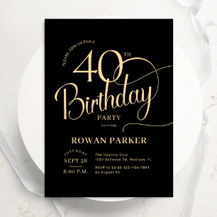 Convite Aniversário de 40 anos Black Gold Elegante Script
