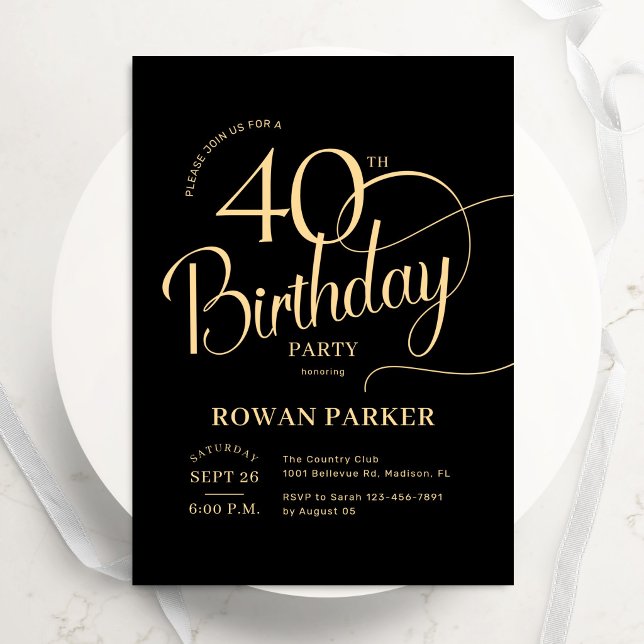 Convite Aniversário de 40 anos Black Gold Elegante Script (Criador carregado)
