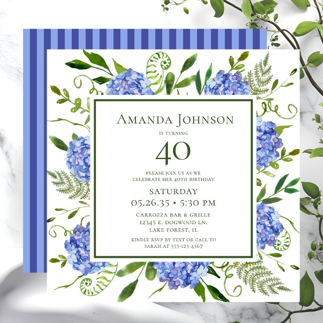 Convite aniversário de 40 anos Blue Hydrangeas (Criador carregado)