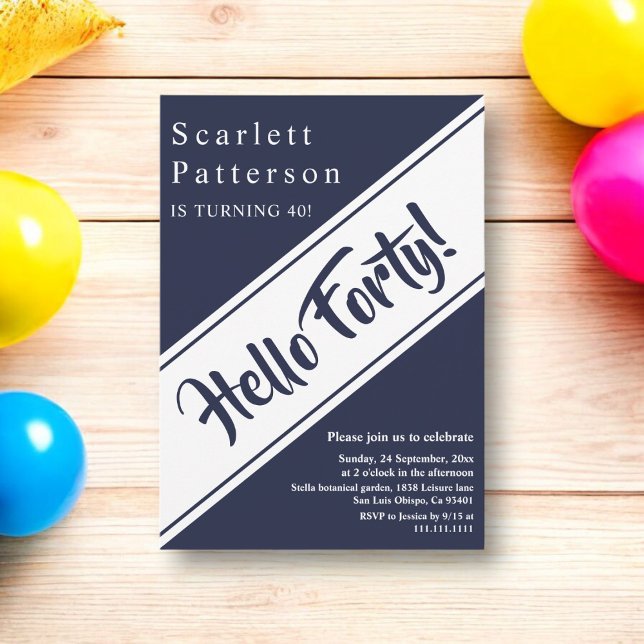 Convite Aniversário de 40 anos branco-branco Marinho chic  (Criador carregado)